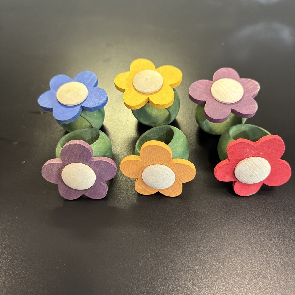 Set of 6 Floral Wooden Napkin Rings Daisy‎ Flower Spring Summer Table Decor